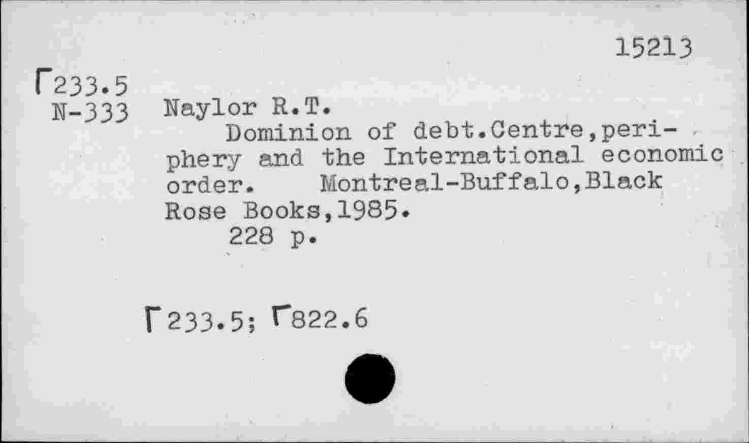 ﻿15213
F233.5
N-333 Naylor R.T.
Dominion of debt.Centre»periphery and the International economic order. Montreal-Buffalo,Black Rose Books,1985» 228 p.
f 233.5; T822.6